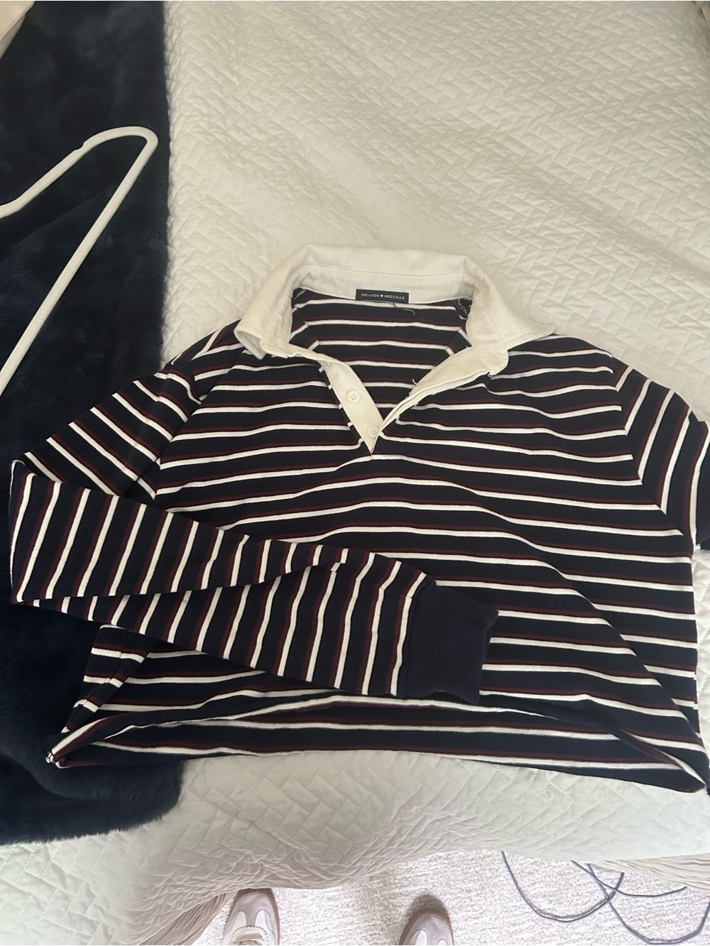 Brandy Melville Navy, White & Burgundy Striped Rugby Polo